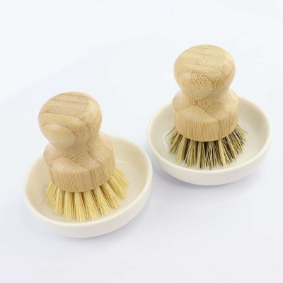 2021 Newest Eco Friendly Sisal Palm Bamboo Kitchen Pot Pans Dish Cleaning Washing Brush With Ceramic Plate Base